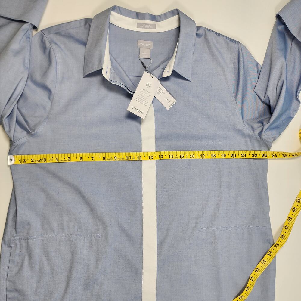 Chico’s No Iron Blue Tunic Blouse Contrast Trim Size 3 (16/18) NWT - Picture 6 of 9